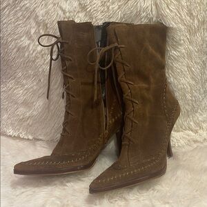 Nine West Brown Lace Up Boots with Stacked Heel